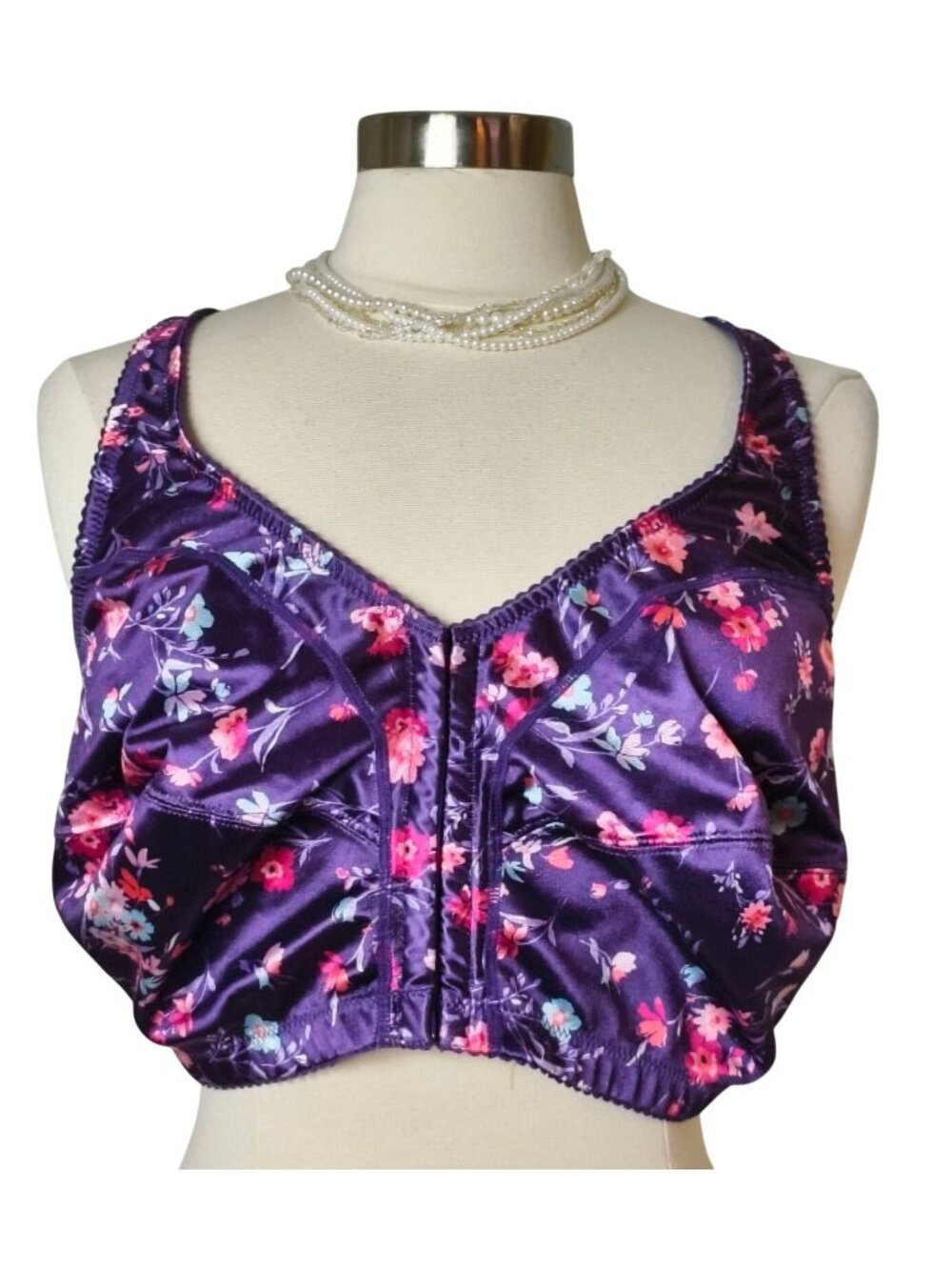 Glamorise Womens 48D Front Closure Bra Purple Floral Satin Full Coverage Wireles